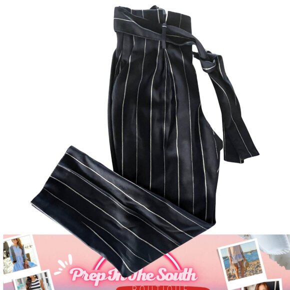 🖤 Antonio Melani Paper Bag Waist Pinstripe Wide Leg Cropped Pants – Size 8 - Picture 1 of 7